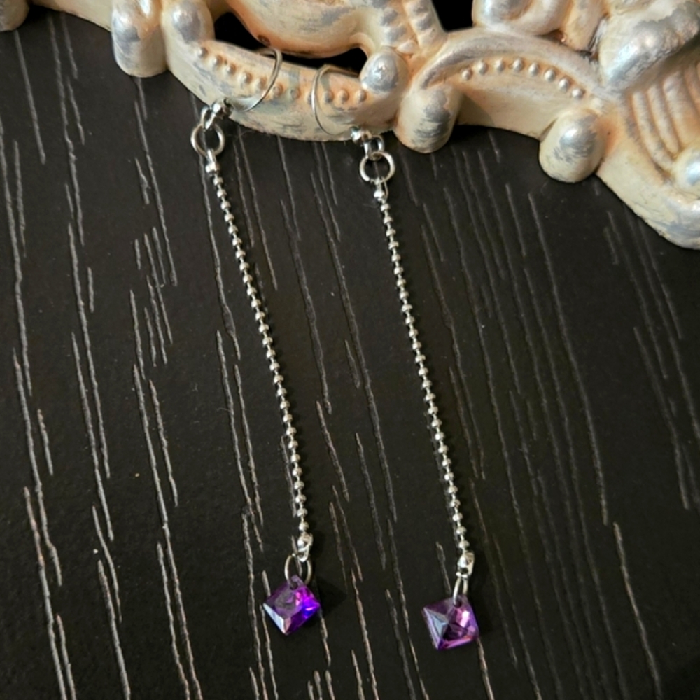 🔮 Dainty Minimalist Simple Silver and Faux Amethyst Gemstone Drop Earrings